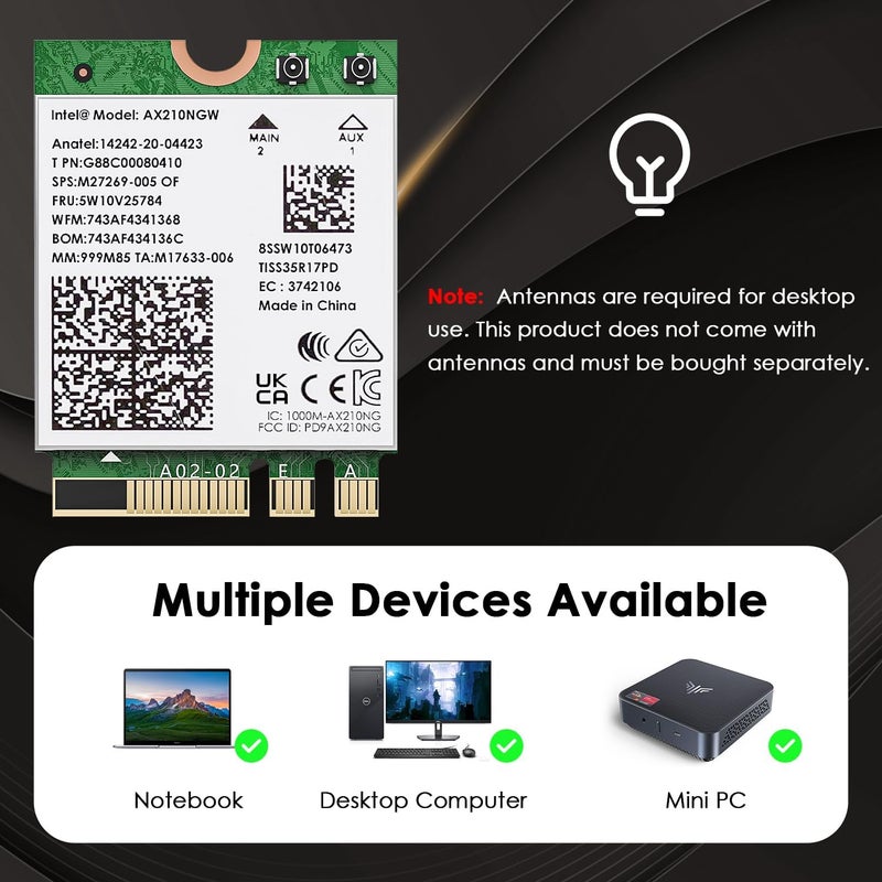 WAVLINK WiFi 6E Wireless Card with Bluetooth 5.3, 2025 Tri-Band AXE5400 NGW Network Card, Intel AX210, Ultra-Low Latency, Support Windows 10/11 (64bit), Linux, M.2/NGFF - Image 5